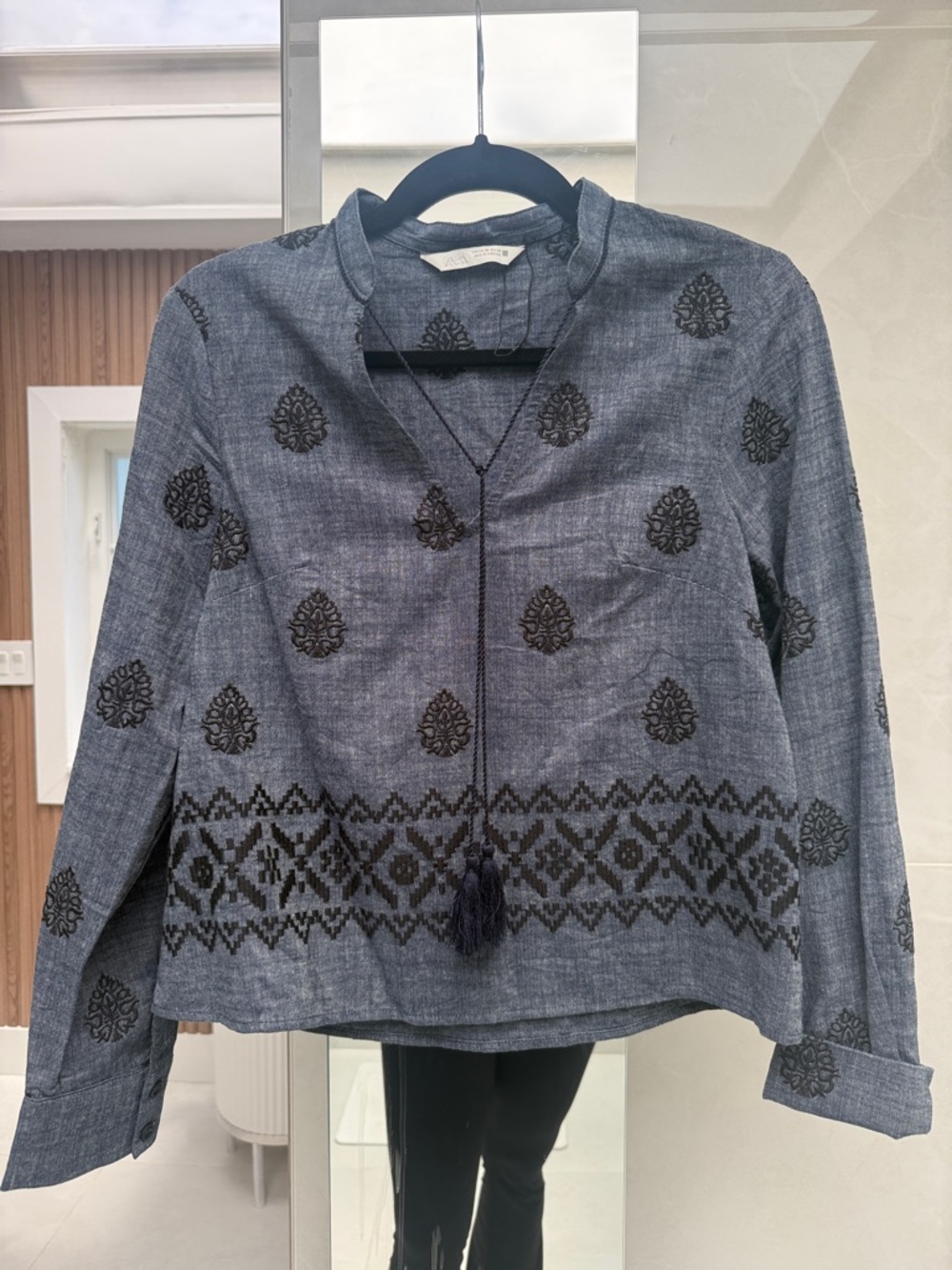Zara Blue Embroidered Tunic Blouse with Tassel